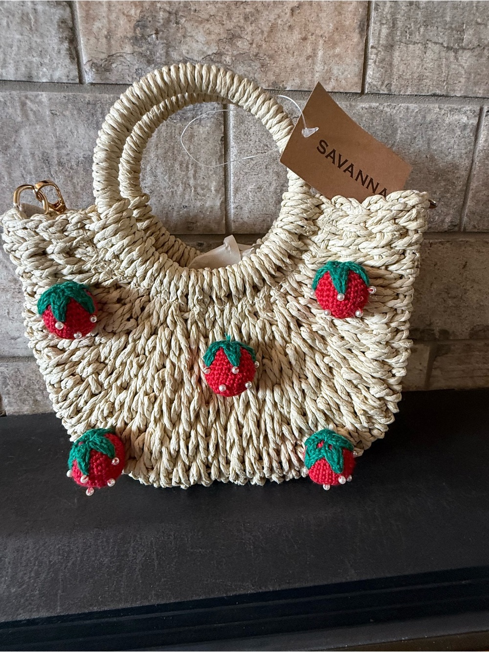 Savannah Cream Straw Tote with Red & Green Strawberry Accents - Picture 1 of 4